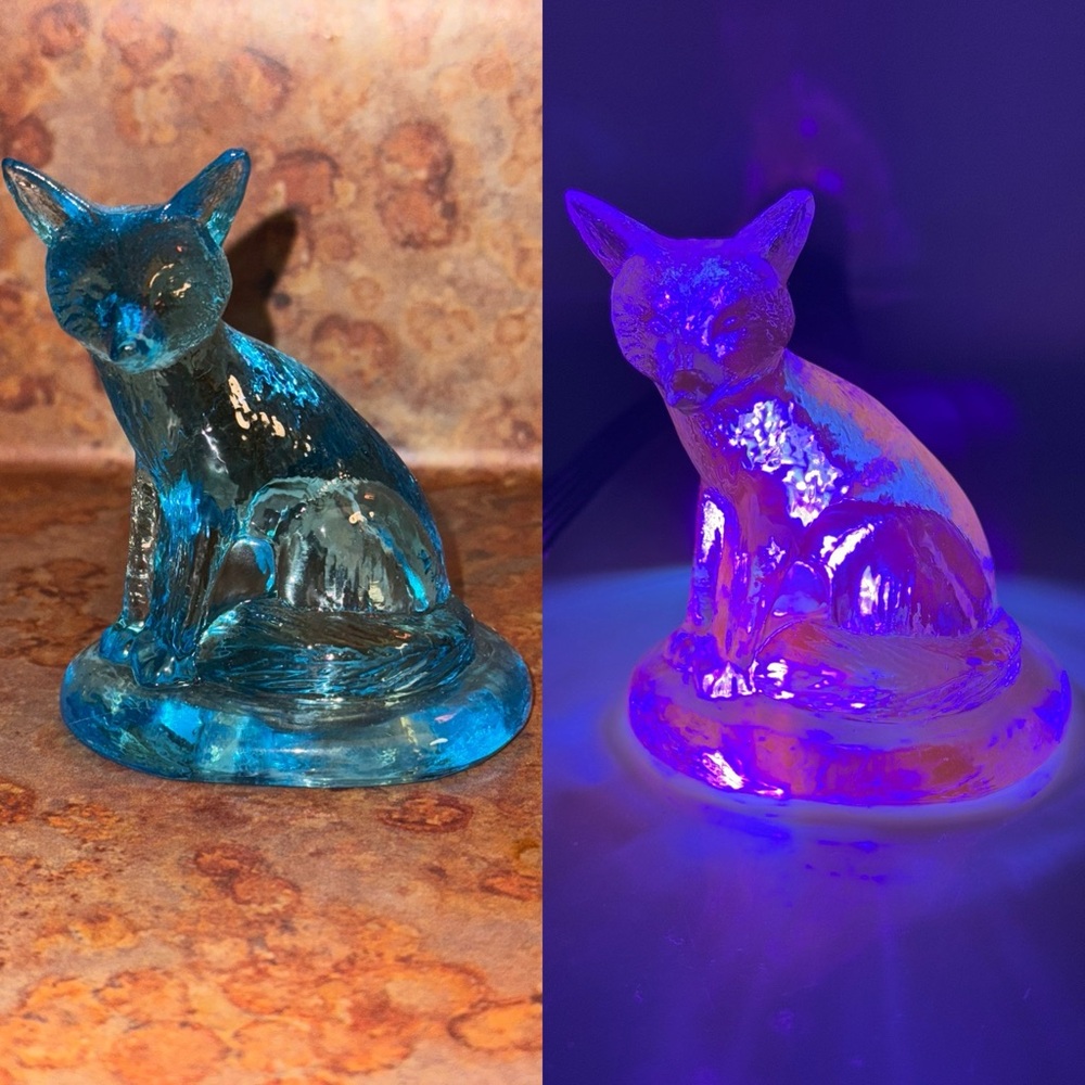 Art UV Glass Fox Turquoise Blue Figurine GLOWS pink